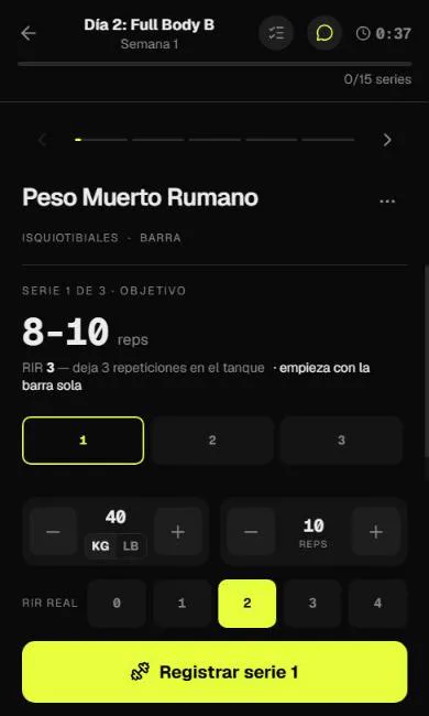 La pantalla de entreno de Modo PR: Peso Muerto Rumano, serie 1 de 3 con objetivo de 8 a 10 repeticiones y RIR 3; anotados 40 kilos, 10 repeticiones y RIR real 2, y el botón Registrar serie 1.